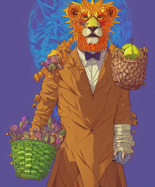 Prompt: a portrait of an anthropomorphic cyberpunk lion holding a fruit basket, fantasy, elegant, digital painting, artstation, concept art, matte, sharp focus, illustration, art by josan gonzalez