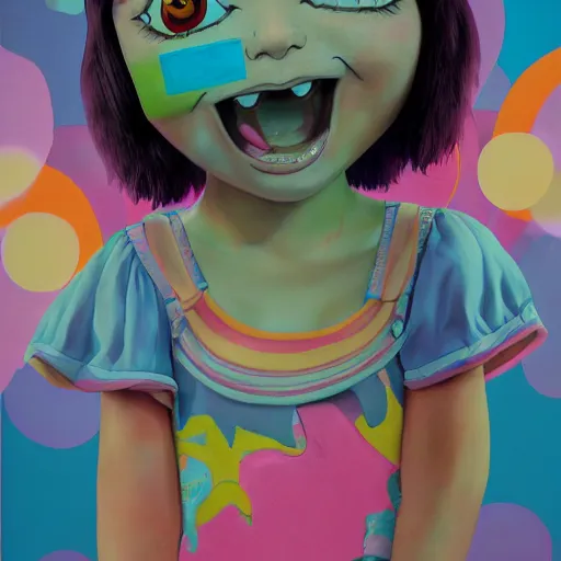 Prompt: dora the explorer as real girl in happy pose, detailed, intricate complex background, Pop Surrealism lowbrow art style, muted pastel colors, soft lighting, 50's looks by Yosuke Ueno,Contemporary Art Blog Magazine Gallery Alt Pop Surrealism Lowbrow Photography Sculpture Illustration Painting Surreal Graffiti Fashion Film Dark, artstation cgsociety