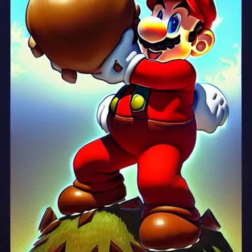 Image similar to mario stomping on a goomba, art by artgerm and greg rutkowski and alphonse mucha