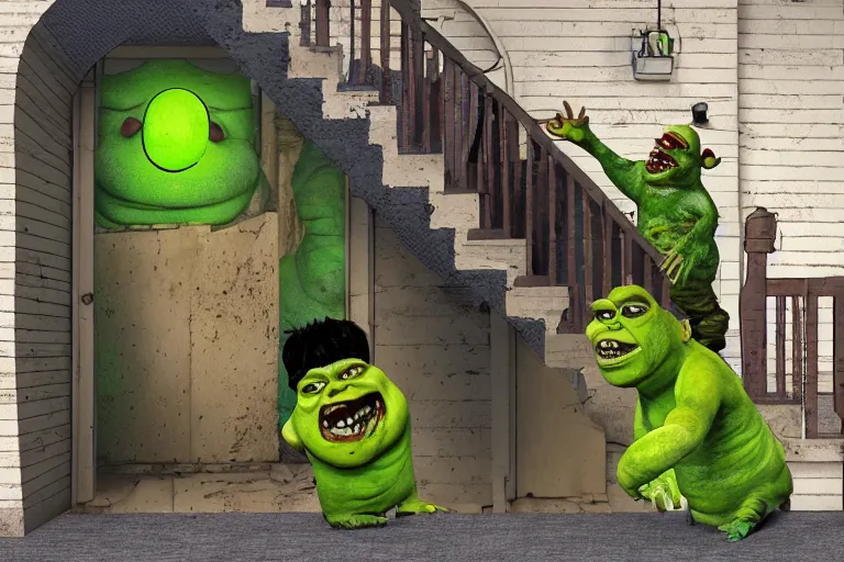 Image similar to wide shot of zombie shrek climbing the stairs to board a spaceship, highly detailed, 3d