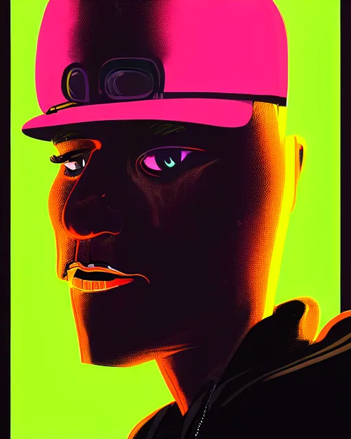 Image similar to pop art mixed with neo - noir artsyle, hyper - realistic detailed portrait of a man in a hoodie, with neon visor, by atey ghailan, by greg rutkowski, by greg tocchini, by james gilleard, by joe fenton, by kaethe butcher, sharp focus