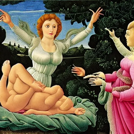 Prompt: the birth of dolly parton by botticelli, but she is holding radishes