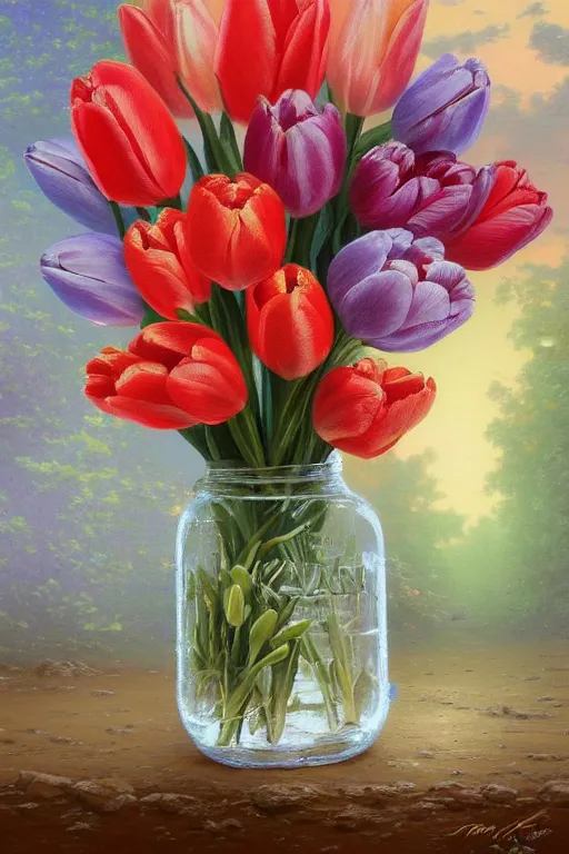 Prompt: a beautiful oil painting of flower arrangement tulips in a glass mason jar, by Thomas Kinkade, 4K , intricate and detailed, trending on Artstation, behance,