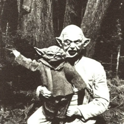 Image similar to Old photo of a hunter holding up the Yoda he caught