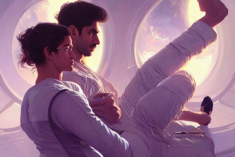 Image similar to Pensive good looking pale young Indian doctors wearing jeans in a space station above Earth, portrait, elegant, intricate, digital painting, artstation, concept art, smooth, sharp focus, illustration, art by artgerm and greg rutkowski and alphonse mucha