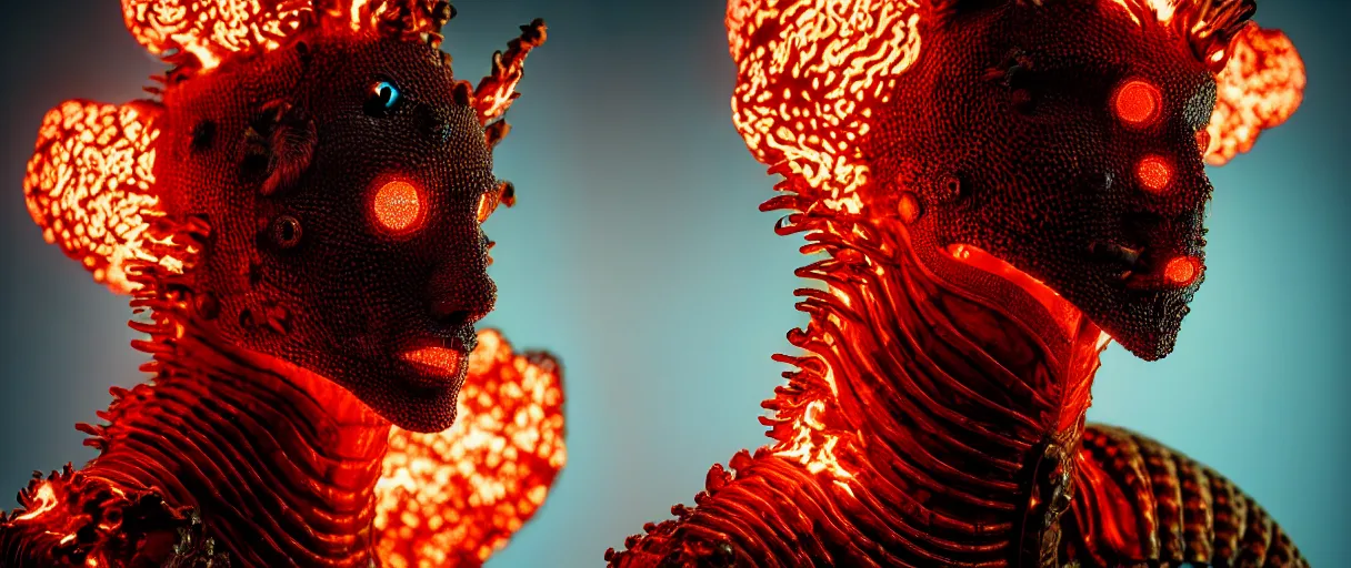 Prompt: hyperrealist highly detailed english medieval portrait of high fashion monster wearing flame fire smoke flame armor, radiating atomic neon corals, veiny network growth with neon uranium pattern, concept art pascal blanche dramatic studio lighting 8k wide angle shallow depth of field