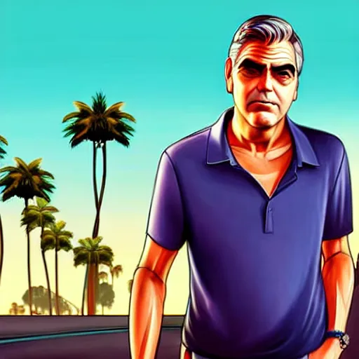 Image similar to george clooney in gta v. los santos in background, palm trees in the art style of stephen bliss