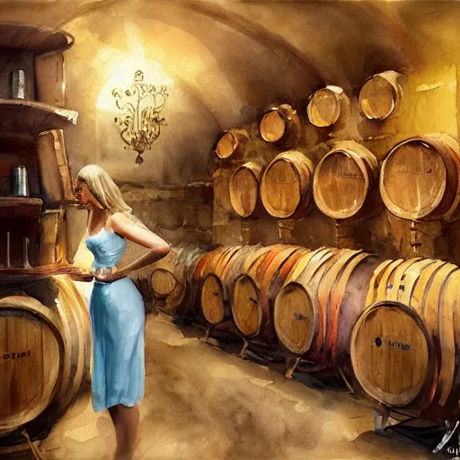 Prompt: hot blonde in a wine cellar, food, pork, beer, schnapps, rustic, traditional, torches on the wall, watercolor by vladimir volegov, highly detailed