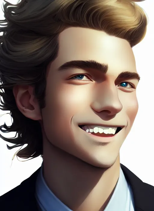 Image similar to young man with medium - length, curly, golden hair, perfectly proportioned face, aquamarine eyes, sweet smile, wearing a black suit, natural lighting, path traced, highly detailed, high quality, animation art, digital painting, by new haicheng and studio ghibli