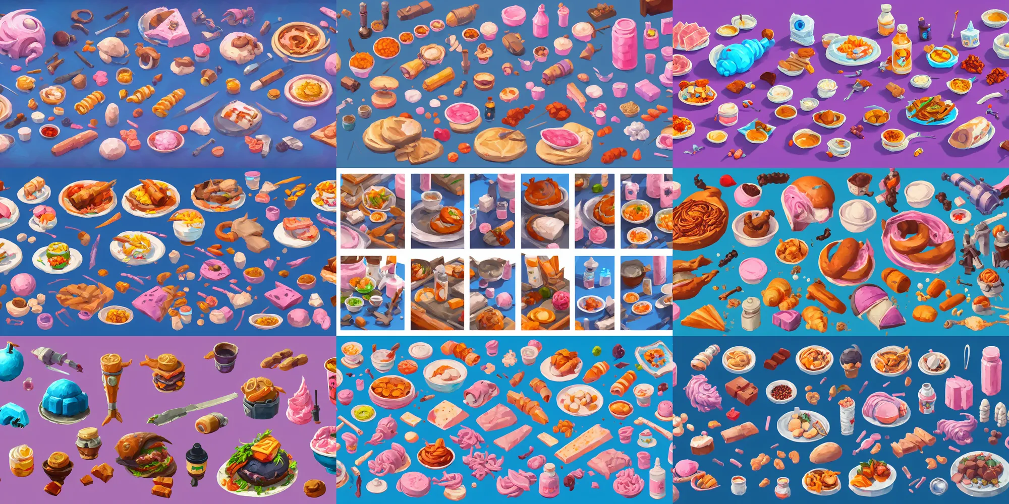 Prompt: game asset of food ingredients, in gouache detailed paintings, props, stylized, 2 d sprites, kitbash, arcane, overwatch, blue and pink color scheme, 8 k, close up