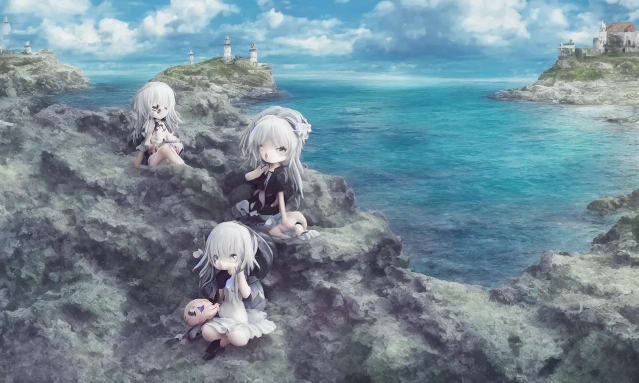 Prompt: cute fumo plush girl enigmatic gothic maiden anime girl on an abandoned island surrounded by the sea, marine seascape, vignette, vray
