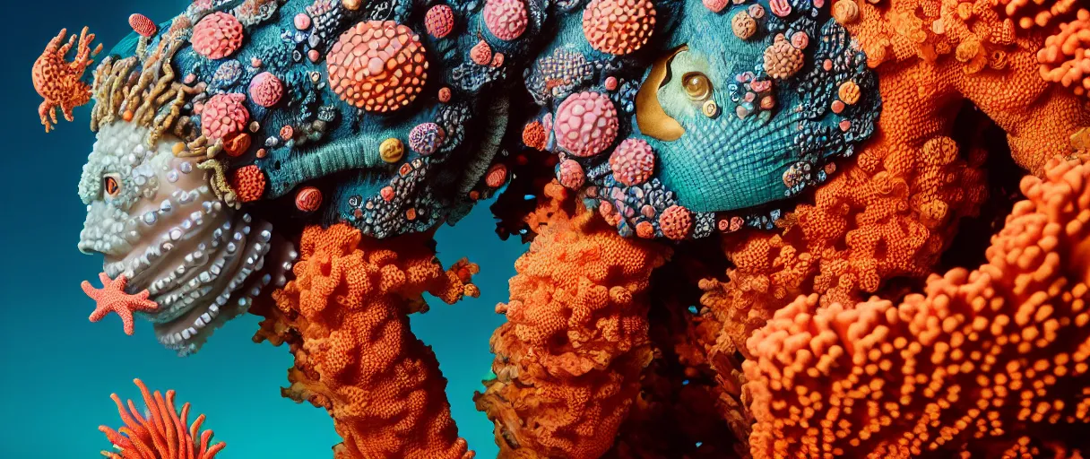 Image similar to hyperrealist highly detailed english medieval portrait of high fashion monster wearing reef armor, radiating atomic neon corals, concept art pascal blanche dramatic studio lighting 8k wide angle shallow depth of field