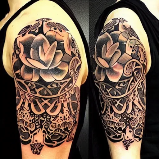 Image similar to tattoo design, stencil, award winning art, tattoo sleeve