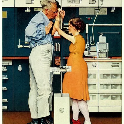 Image similar to male and female scientists in love with each other instead of researching, by norman rockwell
