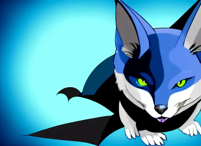 Image similar to a blue - and - black male catbat fursona with blue / green heterochromatic eyes ( differently - colored eyes, one eye green, one eye blue ) and huge bat ears, photo of the catbat streaming on his computer