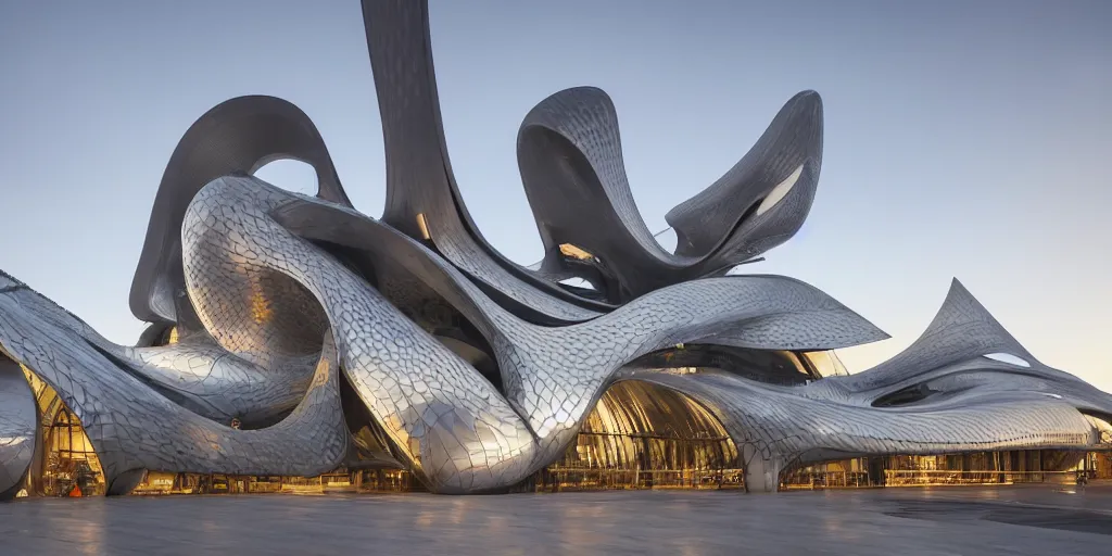 Image similar to extremely detailed ornate stunning sophisticated beautiful elegant futuristic museum exterior by Zaha Hadid, Milan buildings in the background, smooth curvilinear design, stunning volumetric light, stainless steal, concrete, translucent material, beautiful sunset, tail lights