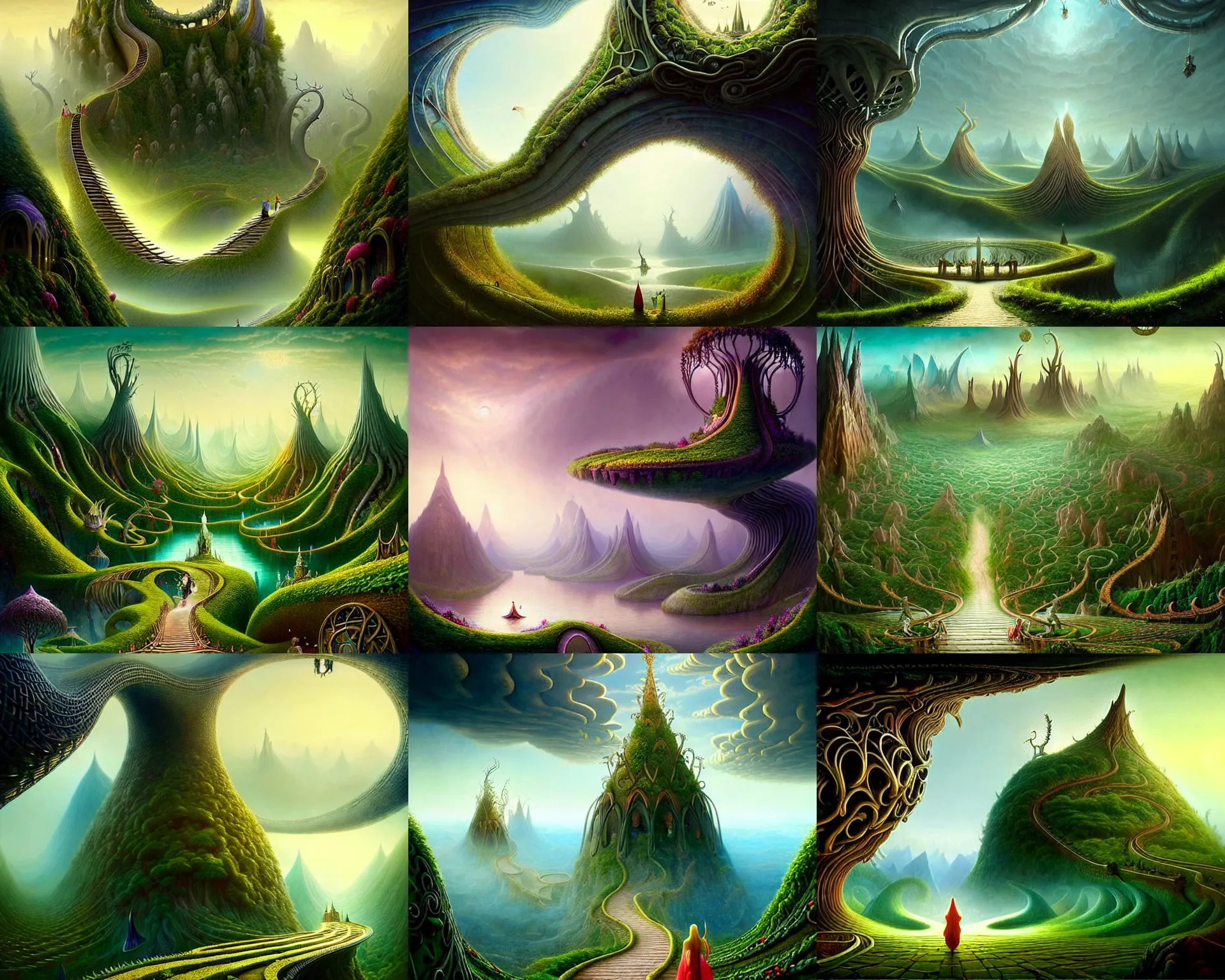 Prompt: a beguiling epic stunning beautiful and insanely detailed matte painting of the impossible winding path through the elven kingdom with surreal architecture designed by Heironymous Bosch, mega structures inspired by Heironymous Bosch's Garden of Earthly Delights, vast surreal landscape and horizon by Asher Durand and Cyril Rolando and Andrew Ferez, masterpiece!!!, grand!, imaginative!!!, whimsical!!, epic scale, intricate details, sense of awe, elite, wonder, insanely complex, masterful composition!!!, sharp focus, fantasy realism, dramatic lighting