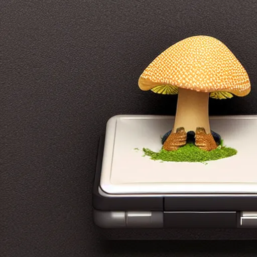 Prompt: tiny mushroom fella explores an open computer case