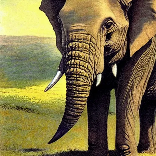 Image similar to Portrait of an elephant on a green meadow, Book for elementary school students, style Franklin Booth