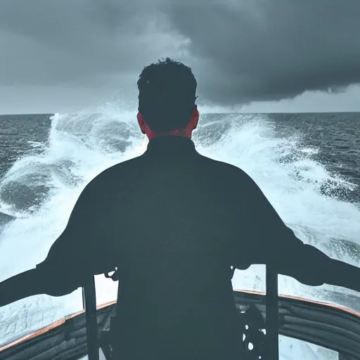 Prompt: man holding the ship's wheel during a storm at sea