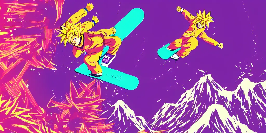 Image similar to vaporwave, vector graphics, synthwave, neon, son goku snowboarding