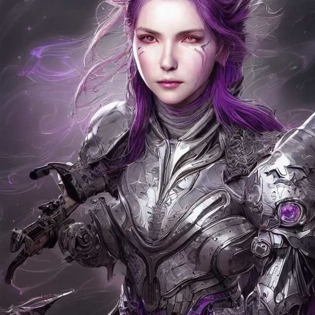 Prompt: close facial portrait of a pale woman in sci - fi armor with a flowing purple, elegant, stoic, intense, ultrafine hyperdetailed illustration by kim jung gi, irakli nadar, intricate linework, sharp focus, octopath traveler, final fantasy, hearthstone, highly rendered, global illumination, radiant light, detailed, intricate environment
