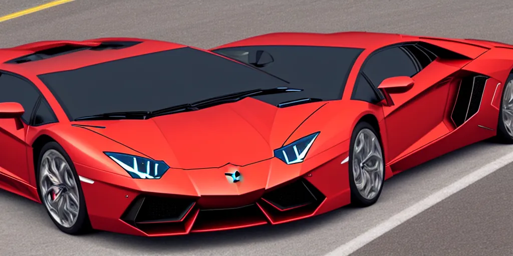 Image similar to Lamborghini Aventador LP 700-4 in red with pearl effect with purple spoilers on a sunny highway, side view concept art 3D digital art product design render in light room photo studio, octane rendering, dramatic lighting, HDR, VRAY 2k render, ray tracing