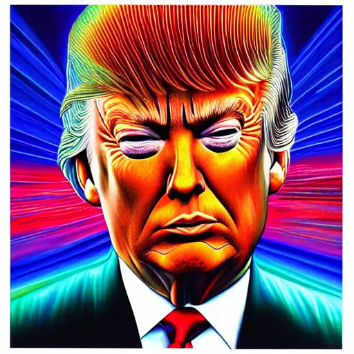 Prompt: alex grey illustration of Donald trump with psychedelic visions expanding outward from his mind
