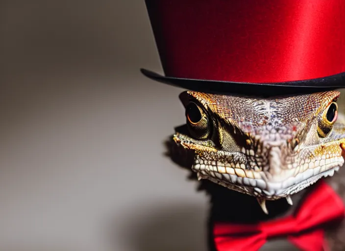 Image similar to dslr portrait still of a bearded dragon wearing a top hat and a red bowtie, 8 k 8 5 mm f 1. 4