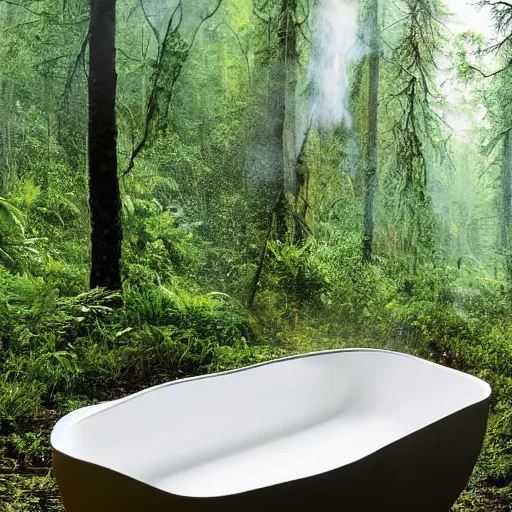 Image similar to pristine porcelain bath filled with bubbles in a clearcut rainforest, slash and burn, cleared forest, deforestation, bubble bath, overflowing with bubbles, tree stumps, smouldering charred timber