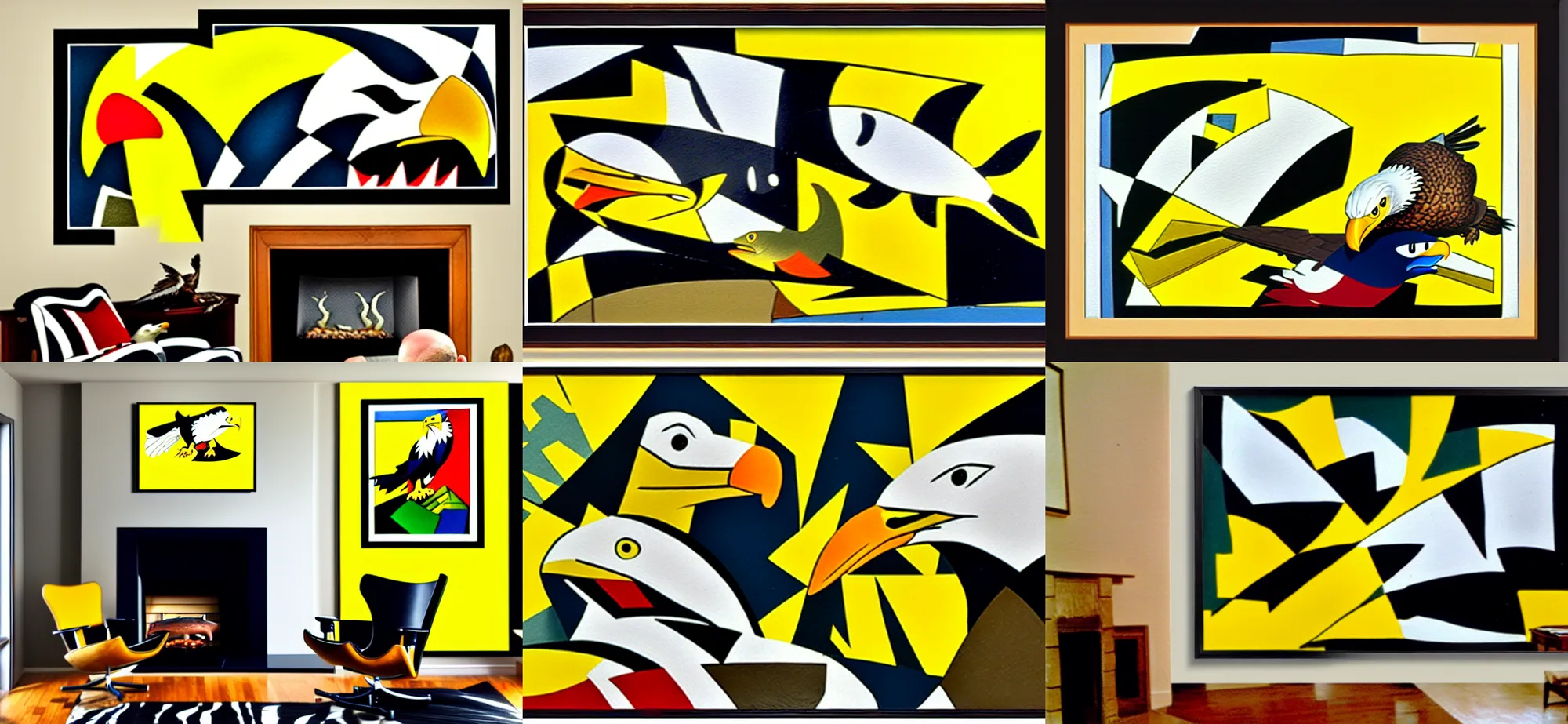 Prompt: action shot of bald eagle and fish, black, yellow and white framed painting hanging above fireplace, carl barks, cubism