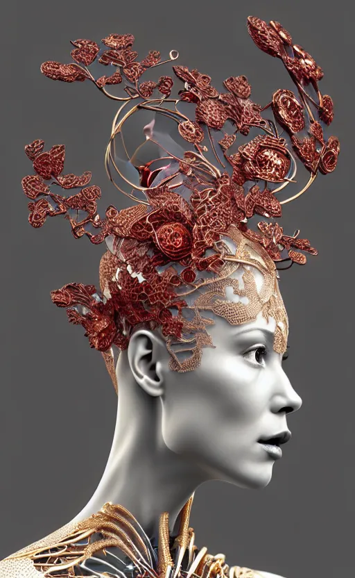 Image similar to complex 3d render ultra detailed of a beautiful porcelain profile woman face, mechanical cyborg, 150 mm, beautiful 3 point lighting, rim light, silver gold red details, luxurious magnolia with leaves and stems, roots, Alexander Mcqueen haute couture, fine foliage lace, mesh wire, filigran intricate details, hyperrealistic, mandelbrot fractal, anatomical, robotic parts, facial muscles, cable electric wires, microchip, elegant, octane render, 8k post-processing