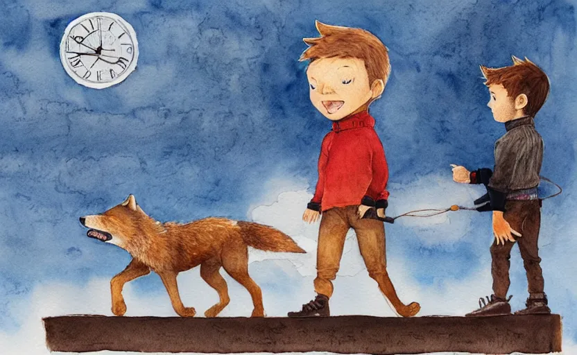 Image similar to a boy fighting a wolf on the edge of a clocktower, by oliver jeffers, watercolor, print