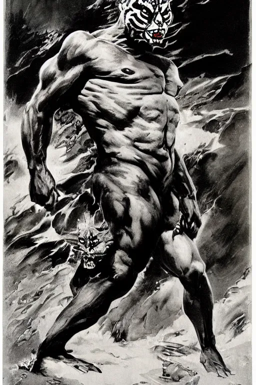 Prompt: tigerman, full body dynamic pose. Fiery explosion in background. by Frank Frazetta.