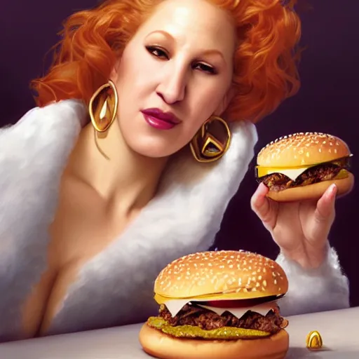 Image similar to portrait of bette midler eating hamburgers, extra onions and ketchup, luscious patty with sesame seeds, feminine ethereal, handsome, d & d, fantasy, intricate, elegant, highly detailed, digital painting, artstation, concept art, matte, sharp focus, illustration, art by artgerm and greg rutkowski and alphonse mucha