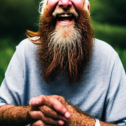 Prompt: photograph of an old man with very long beard laughing