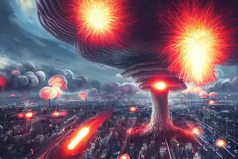 Prompt: hyper detailed mushroom! clouds! explosions formed by h - bombs! detonations in the middle of tokyo, raising between the buildings, highly detailed, blurry focus, concept art, smooth, sharp focus, modern war photography, awarded photography, futuristic style, popular on artstation, unreal engine, drone shot, nvidia graphics,.