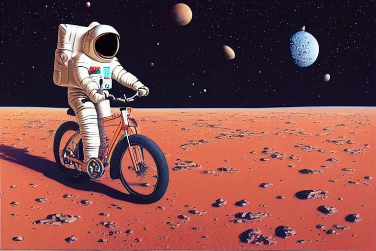 Prompt: centre portrait of an astronaut riding a bicycle on the mars!! symmetry, retro 8 0 s, colourful, realistic illustration, art by peter elson,