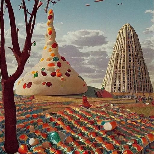 Prompt: The land art depicts a city made entirely out of kulich, a traditional Russian Easter bread. The city is bustling with activity, as people go about their day-to-day lives. The illustration is playful and whimsical, with a touch of magic. by Franz Sedlacek