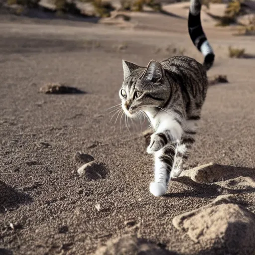 Image similar to a cat wearing modern body armor in a desert