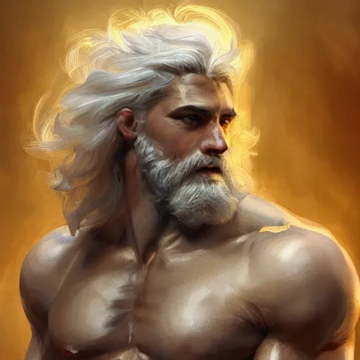 Image similar to painted portrait of rugged zeus, greek god, white hair, masculine, mature, handsome, upper body, muscular, hairy torso, fantasy, intricate, elegant, highly detailed, digital painting, artstation, concept art, smooth, sharp focus, illustration, art by gaston bussiere