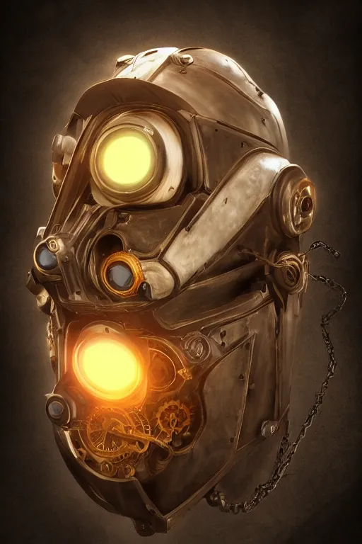 Image similar to steampunk mask minimalist fantasy art robot ninja helmet, global illumination ray tracing hdr fanart arstation by sung choi and eric pfeiffer and gabriel garza and casper konefal radiating a glowing aura