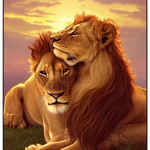 Image similar to contented lion and lioness cuddling with each other, golden hour, adorable, art by artgerm and greg rutkowski and alphonse mucha, 8k UHD