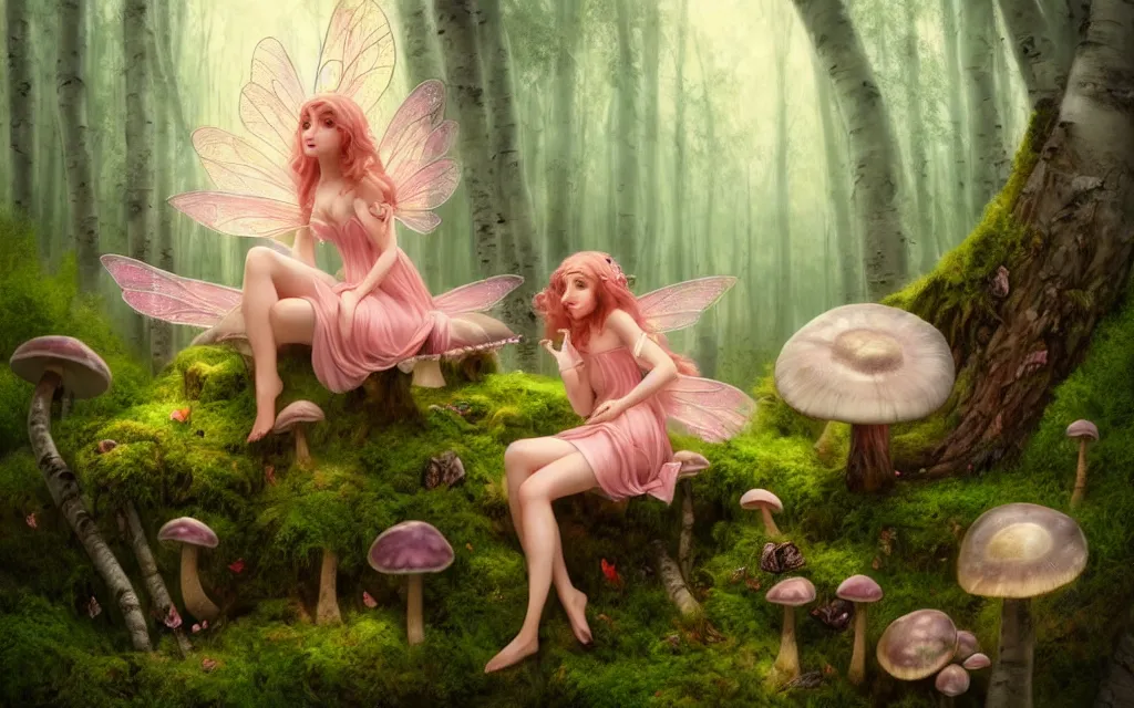 Prompt: a low - eyed fairy, long hair, pink glass wings, sitting on a giant mushroom in the middle of a birch forest, fog, moss, sunbeams, highly detailed, cinematic lighting, perfect composition, luis ricardo falero