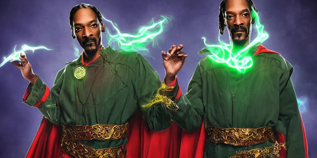 Image similar to snoop dogg as the doctor strange, marijuana leaves, green light, highly detailed, marvel cinematic universe, mcu, photo