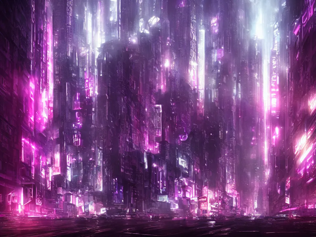 Image similar to blade runner city, high quality, cyberpunk, purple