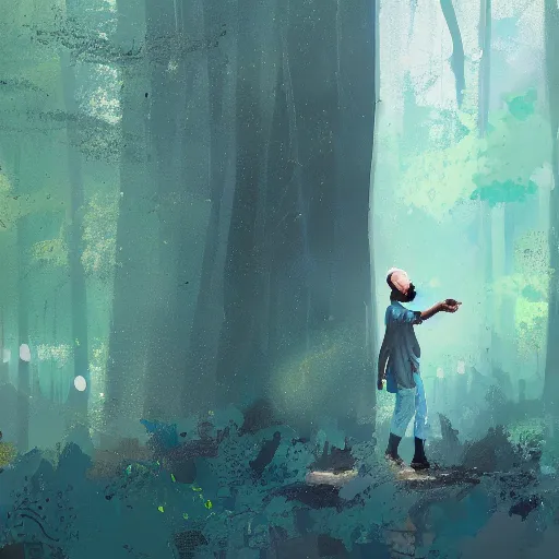 Prompt: close - up shot painting of a young bald blue - skinned wizard in a forest, by ismail inceoglu