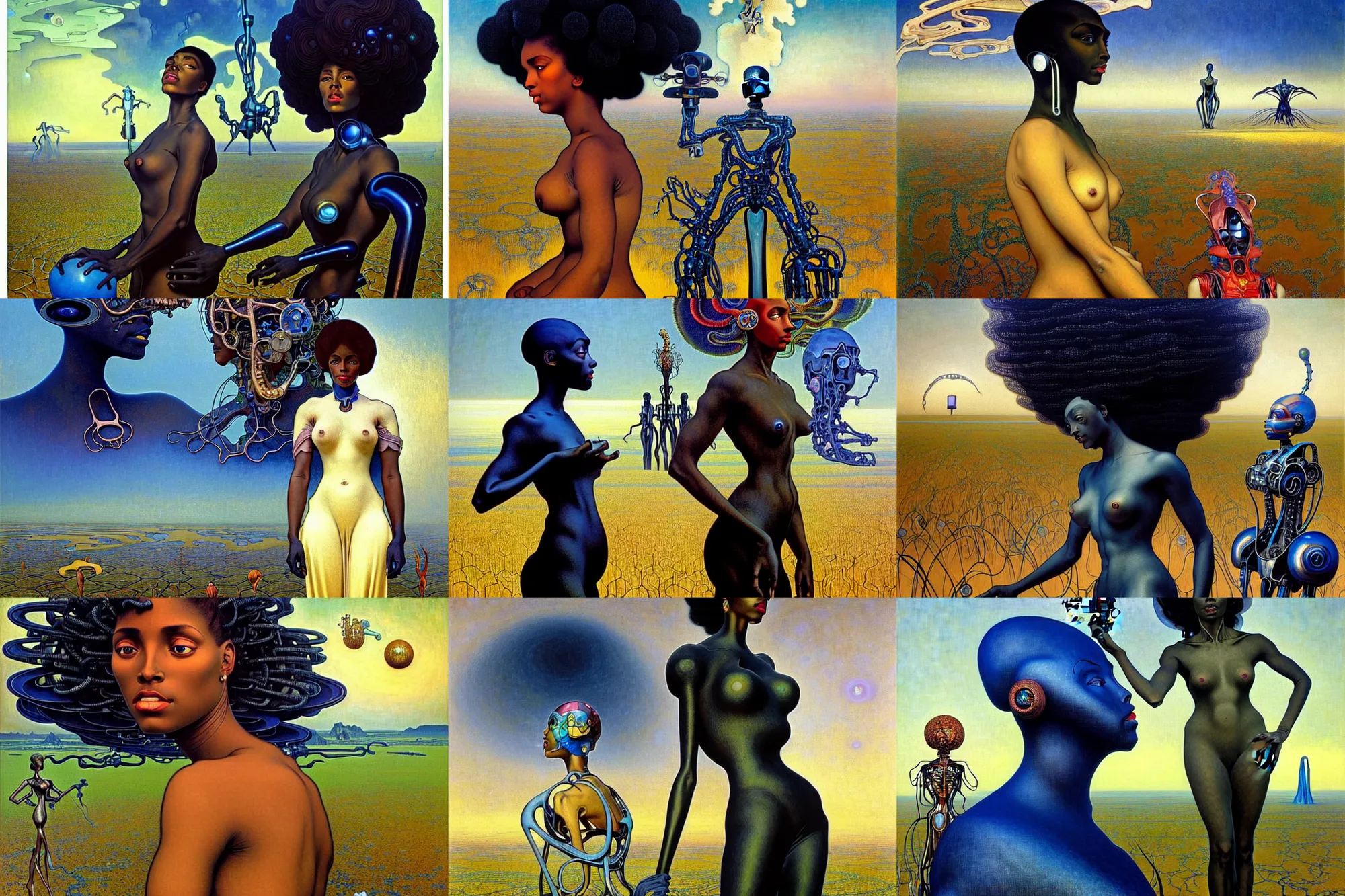 Prompt: realistic extremely detailed portrait painting of a beautiful black woman with a robot, futuristic landscape with a single old house on background by Jean Delville, Amano, Yves Tanguy, Alphonse Mucha, Mark Brooks, Ernst Haeckel, Edward Robert Hughes, Roger Dean, rich moody colours, blue eyes