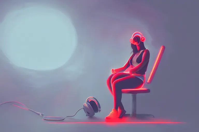 Prompt: a cute girl wearing headphones sitting on a cloud relaxing, misty, glows, digital art, hazy, foggy, red lighting, ambient lighting, 8 k, neon, synthwave, cyberpunk,