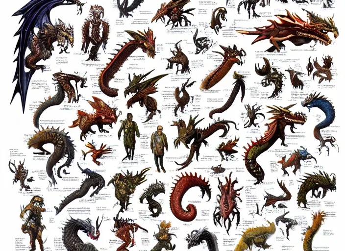 Image similar to an illustrated field guide to dragons showing examples of males and females of each spicies, art by robert stebbins and terryl whitlatch and david sibley and charles darwin, highly detailed, intricately detailed, 8 k, trending on artstation